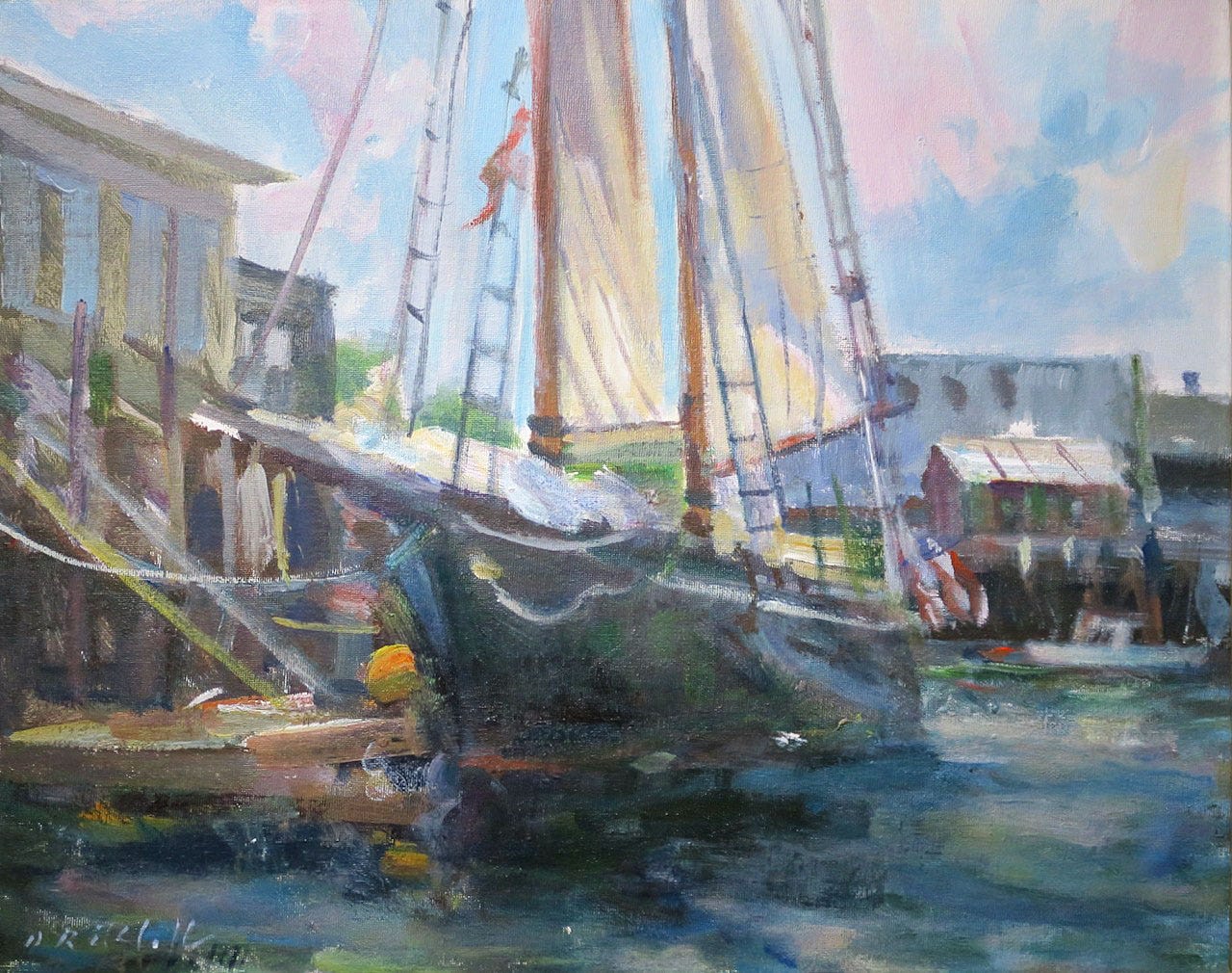 A painting of a sailboat in a harbor

Description automatically generated