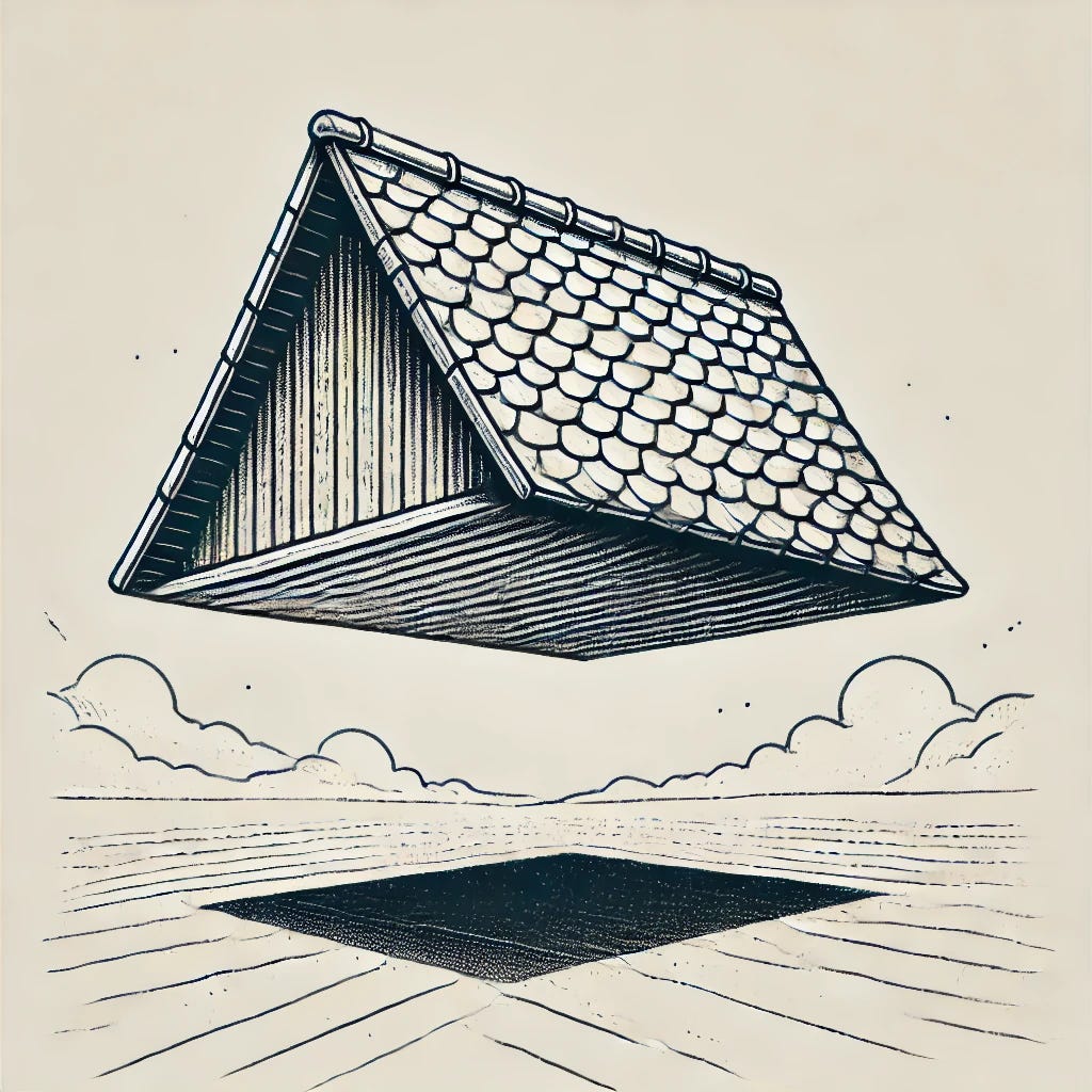 A black and white illustration of a roof floating in the air, detached from any building. The roof is triangular and detailed with shingles or tiles. It appears to hover in a serene and slightly surreal scene, with subtle lines suggesting motion or levitation. The background is minimalistic, emphasizing the roof's weightlessness. The style is whimsical and cartoon-like, with clean line art and no color.