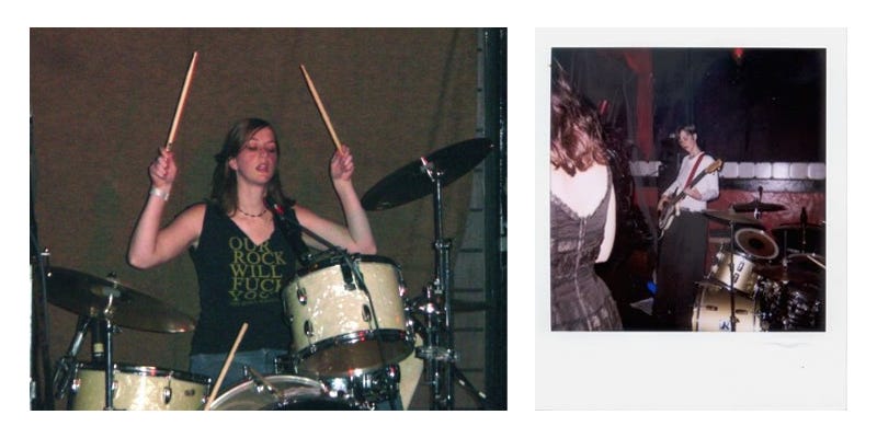 Two photographs side by side. One shows a white woman playing the drums, the other shows the same woman playing bass guitar.