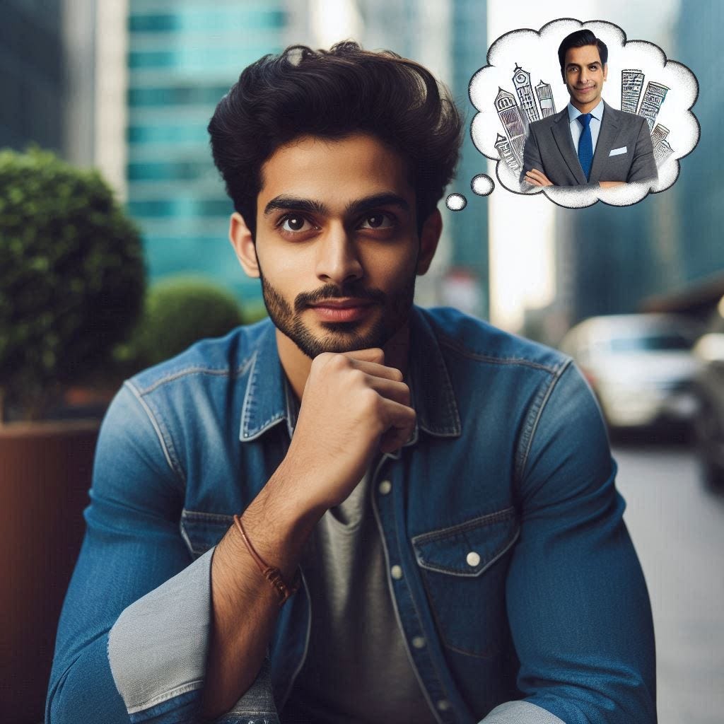 Image made on Copilot AI using the prompt, “Create an image of a regular looking Indian from Pune in their 20s thinking of their future in a thought bubble where they have achieved massive success professionally or as a business owner” Image made on Copilot AI using the prompt, “Create an image of a regular looking Indian from Pune in their 20s thinking of their future in a thought bubble where they have achieved massive success professionally or as a business owner”