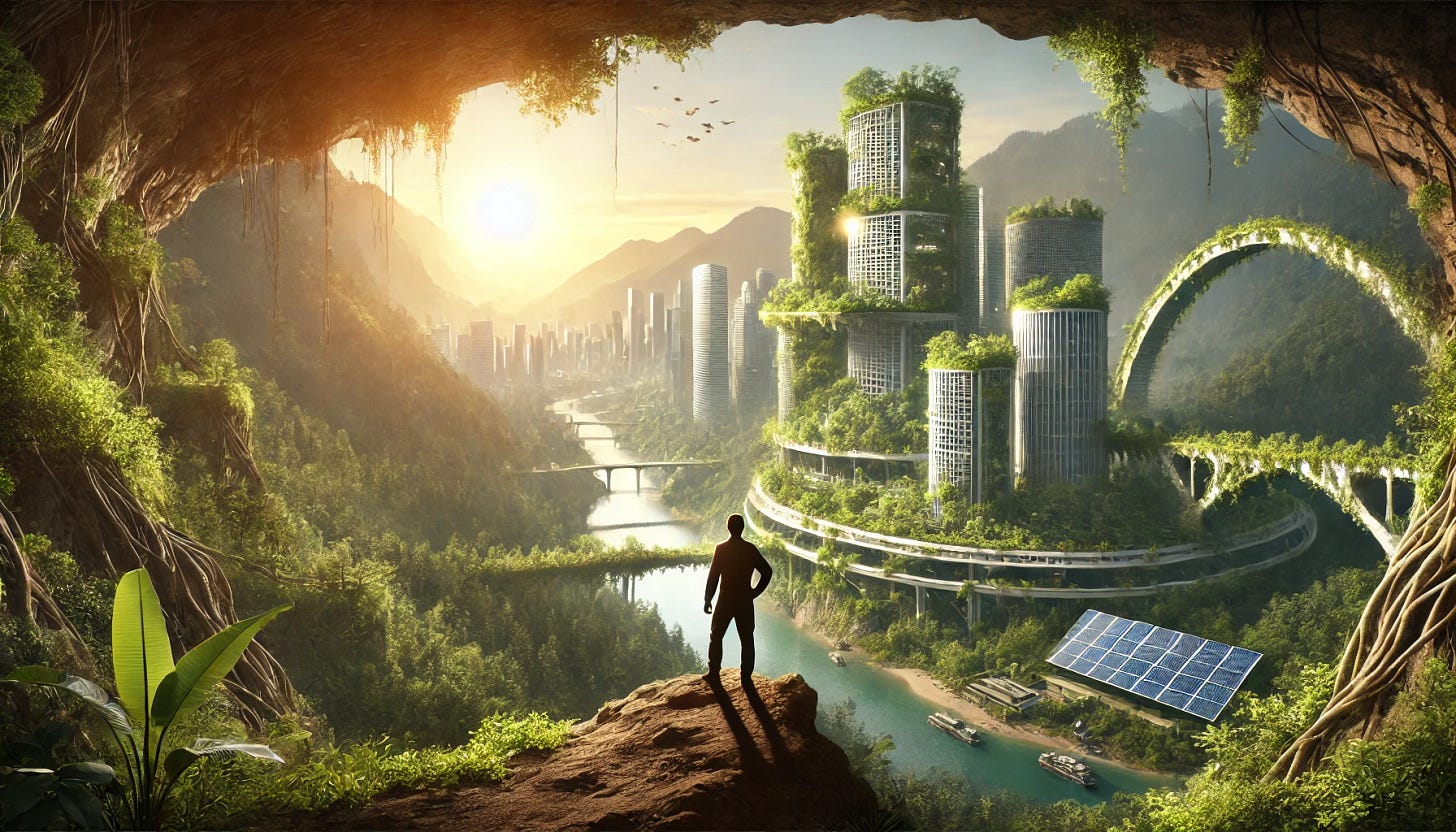 A human figure standing at the edge of a cave high on a mountainside, looking out at a breathtaking scene of a futuristic city seamlessly blended with lush greenery and nature. The city features sleek skyscrapers with vertical gardens, solar panels, and bridges covered in foliage, surrounded by rivers and forests. The sky is clear with a golden sunrise casting a warm, hopeful light over the entire landscape. The scene conveys a sense of renewal, optimism, and connection between technology and the natural world.