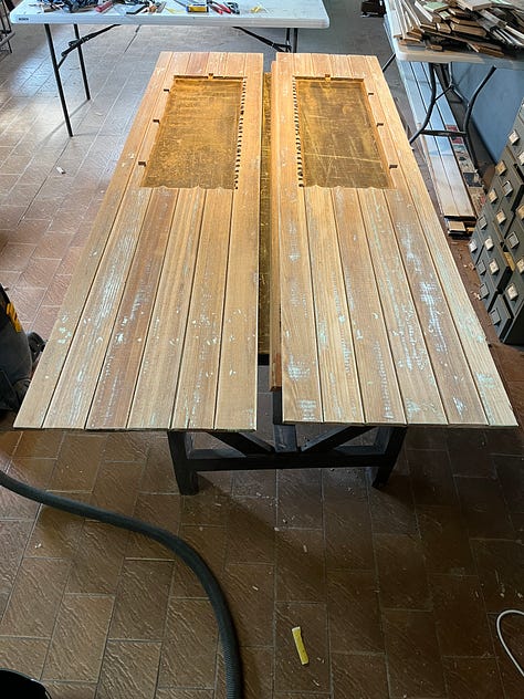 a set of photos showing the rebating, glueing, sanding and painting of a set of wooden doors.