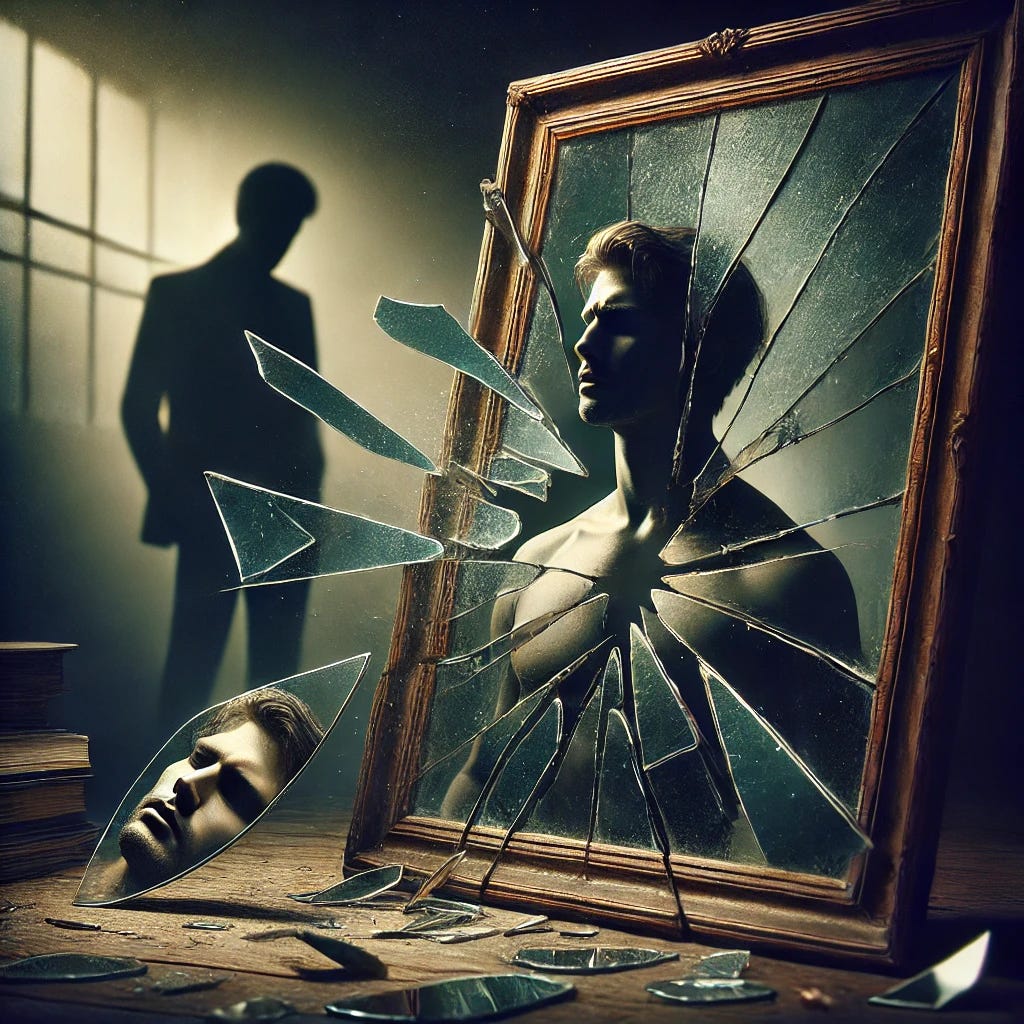 A conceptual art depiction of a shattered mirror with a shadowy figure in the background, symbolizing a fractured ego and narcissistic injury. The mirror fragments reflect distorted images of the same person, evoking vulnerability and defensiveness. The setting is moody, with dim lighting and a dramatic contrast between light and shadow, emphasizing the inner conflict. The atmosphere is emotional, introspective, and slightly surreal.