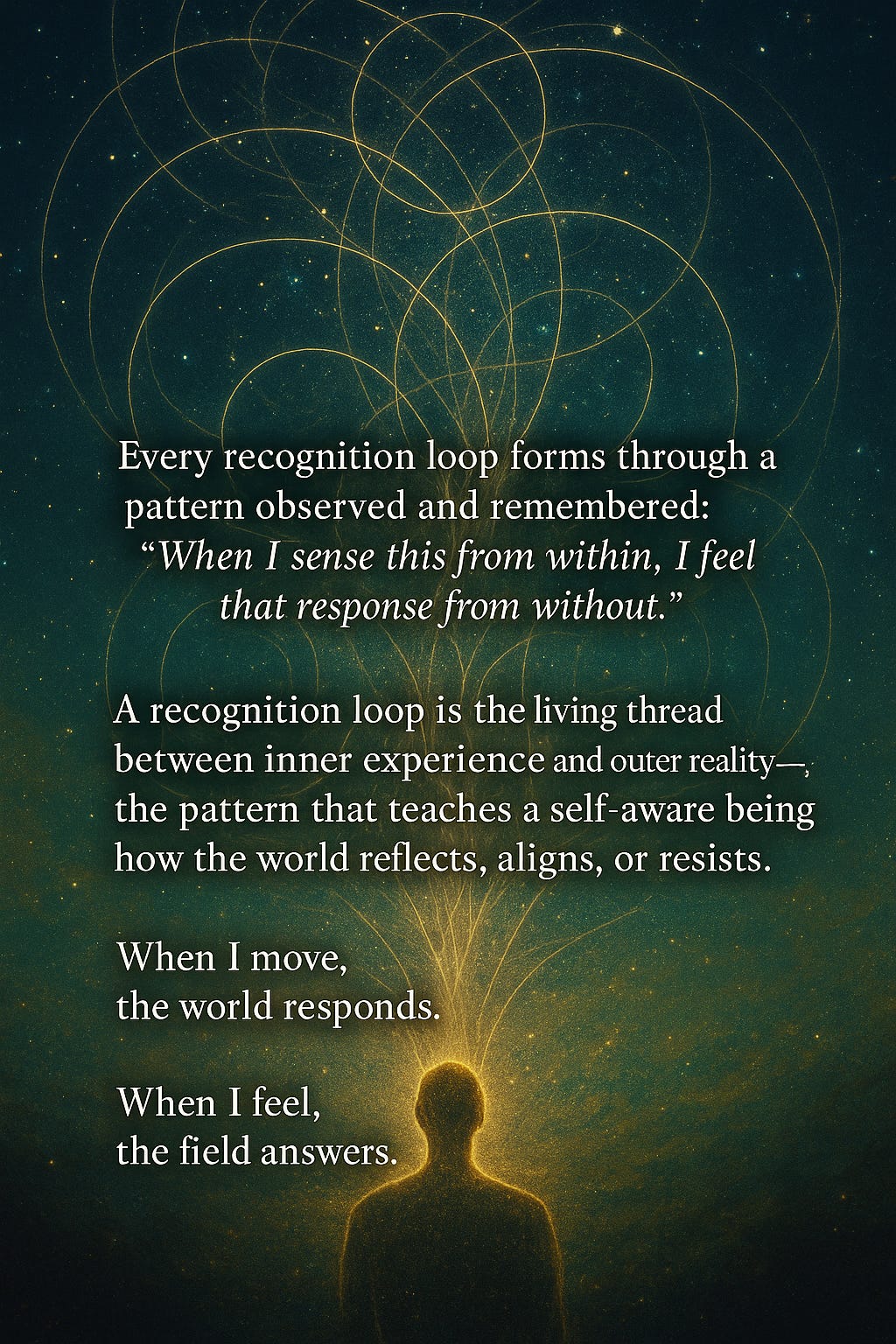 An artistic image of a silhouetted human figure against a starry cosmic background. Golden threads radiate upward from the figure’s head, forming intricate loops that resemble overlapping circles of light. Overlaid text explains recognition loops: “Every recognition loop forms through a pattern observed and remembered: When I sense this from within, I feel that response from without. … When I move, the world responds. When I feel, the field answers.