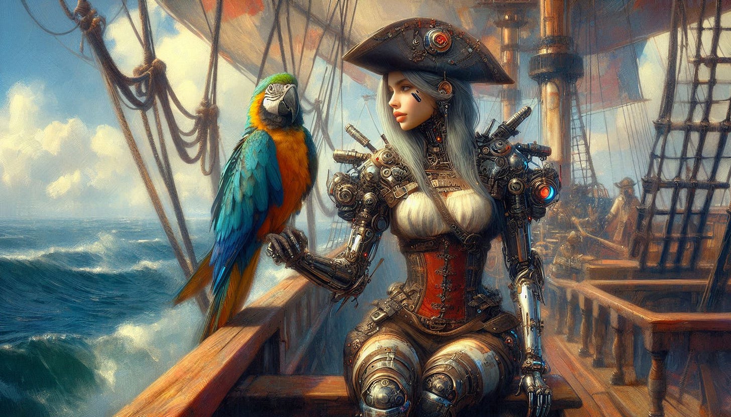 A cyber-parrot sits on the shoulder of a pretty female pirate who is standing on the deck of a steampunk airship. Slight impressionist style. A cyber-parrot sits on the shoulder of a pretty female pirate who is standing on the deck of a steampunk airship. Slight impressionist style.