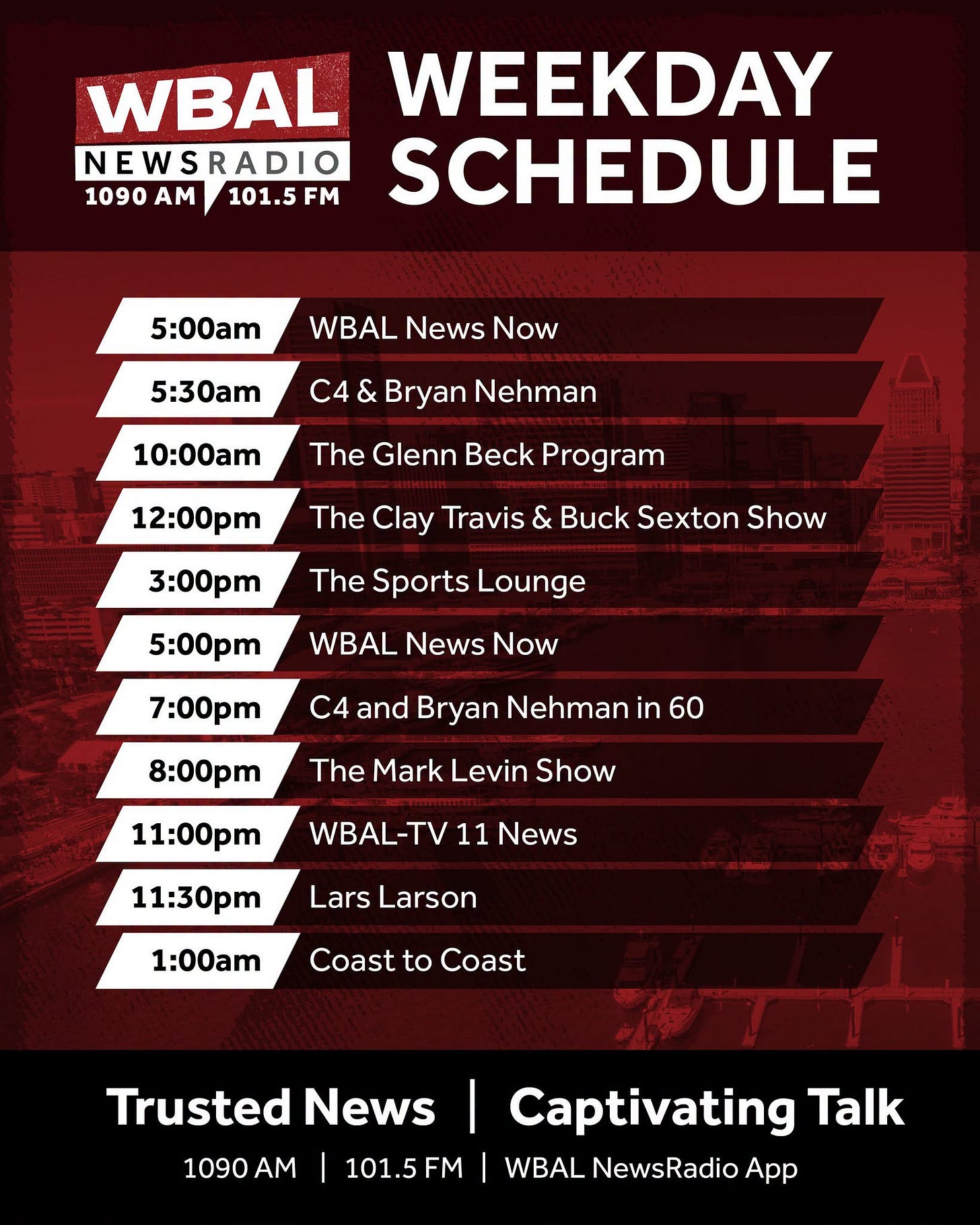 May be an image of text that says 'WBAL WEEKDAY NEWSRADIO N 1090 A 101.5FM SCHEDULE 5:00am WBAL News Now 5:30am C4 & Bryan Nehman 10:00am The Glenn Beck Program 12:00pm The Clay Travis & Buck Sexton Show 3:00pm The Sports Lounge 5:00pm WBAL News Now 7:00pm C4 and Bryan Nehman in 60 8:00pm The Mark Levin Show 11:00pm WBAL-TV11News WBAL- 11 News 11:30pm Lars Larson 1:00am Coast to Coast 1090 1090AM AM Trusted News I Captivating Talk 101.5FM WBAL NewsRadio App' May be an image of text that says 'WBAL WEEKDAY NEWSRADIO N 1090 A 101.5FM SCHEDULE 5:00am WBAL News Now 5:30am C4 & Bryan Nehman 10:00am The Glenn Beck Program 12:00pm The Clay Travis & Buck Sexton Show 3:00pm The Sports Lounge 5:00pm WBAL News Now 7:00pm C4 and Bryan Nehman in 60 8:00pm The Mark Levin Show 11:00pm WBAL-TV11News WBAL- 11 News 11:30pm Lars Larson 1:00am Coast to Coast 1090 1090AM AM Trusted News I Captivating Talk 101.5FM WBAL NewsRadio App'