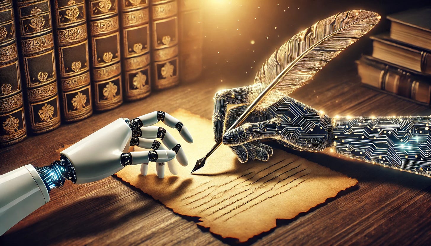A futuristic quill pen and an AI-generated robotic hand writing side by side on an old parchment. The scene is illuminated with a soft golden glow, symbolizing the blend of tradition and technology. The background features a subtle circuit board design fading into classical bookshelves, representing the contrast between AI and human creativity.