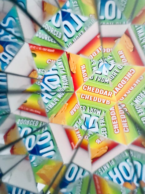 Photos of plants, stickers, pantry items through a kaleidoscope