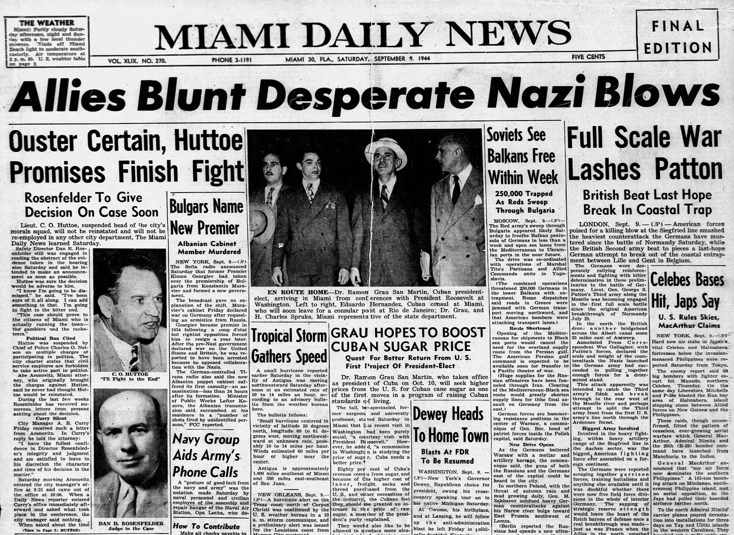Front page of the Miami Daily News on Saturday, September 9, 1944.