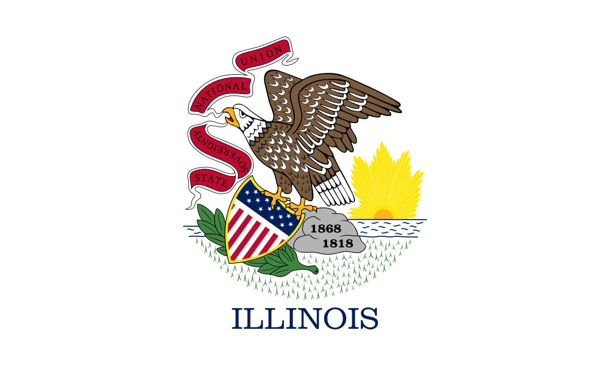 The Illinois state flag, featuring what looks like a bunch of clip art slapped together by an admin, with a bald eagle holding a ribbon and a sun on fire in the background and a weird green sprig of something; it's all very weird and ugly