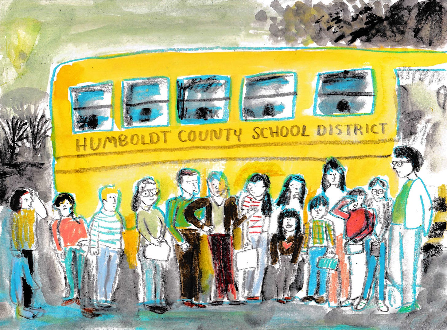 sketches of kids in front of a schoolbus by Beth Spencer