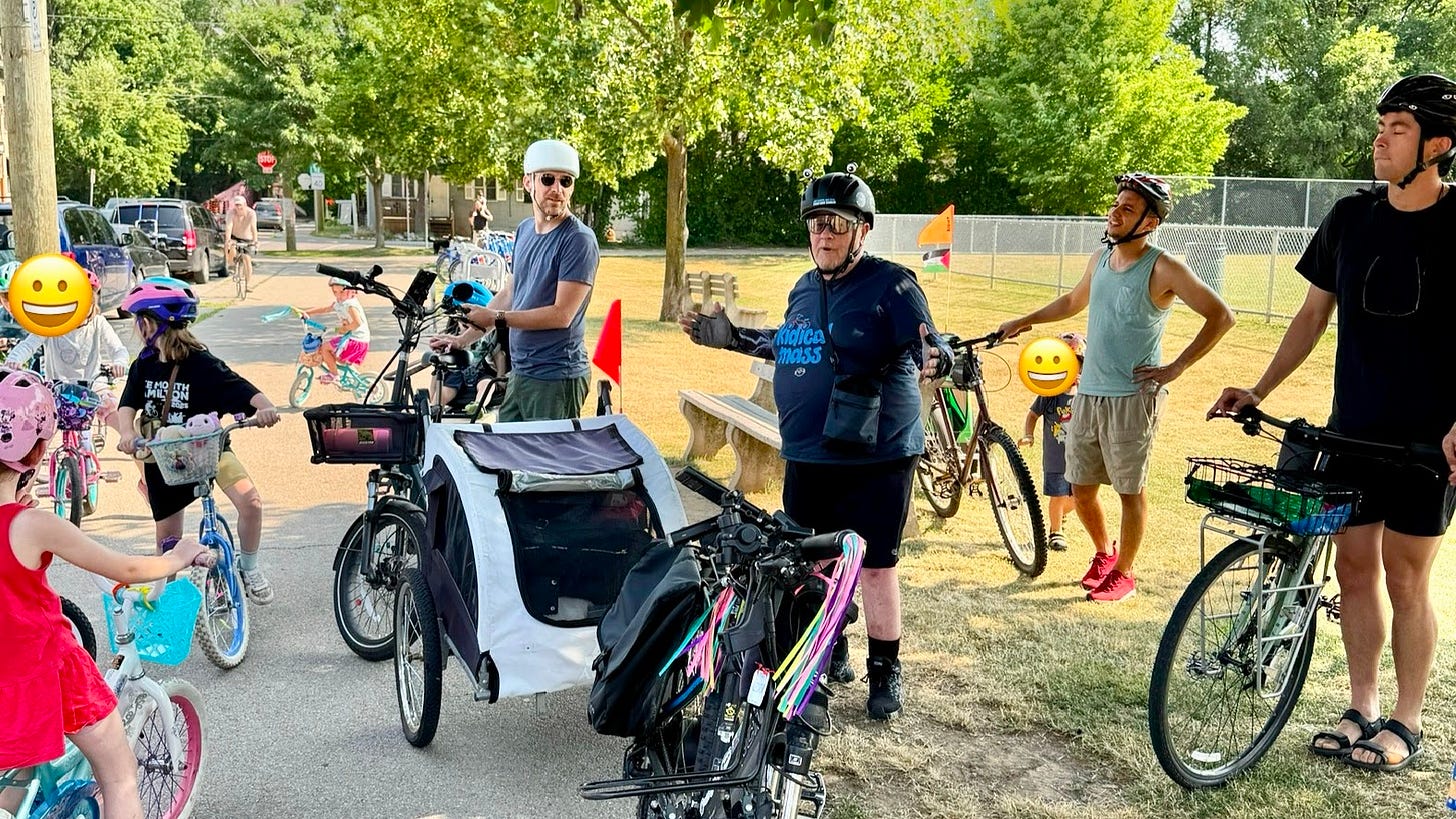 Bicycle Mayor of Hamilton, Mark Anderson, speaks to parents, kids, and Kidical Mass organizers during a ride in Corktown Park in July