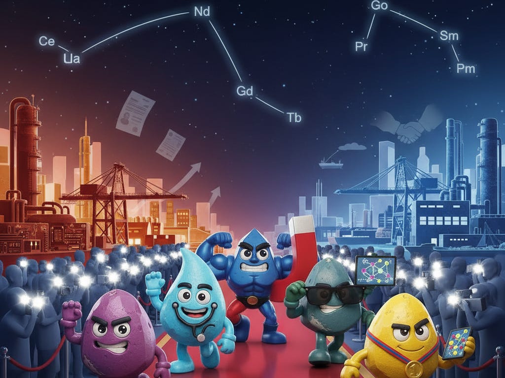 Panoramic scene of rare earth character figures walking a red carpet between Chinese supply dominance and new allied refineries.