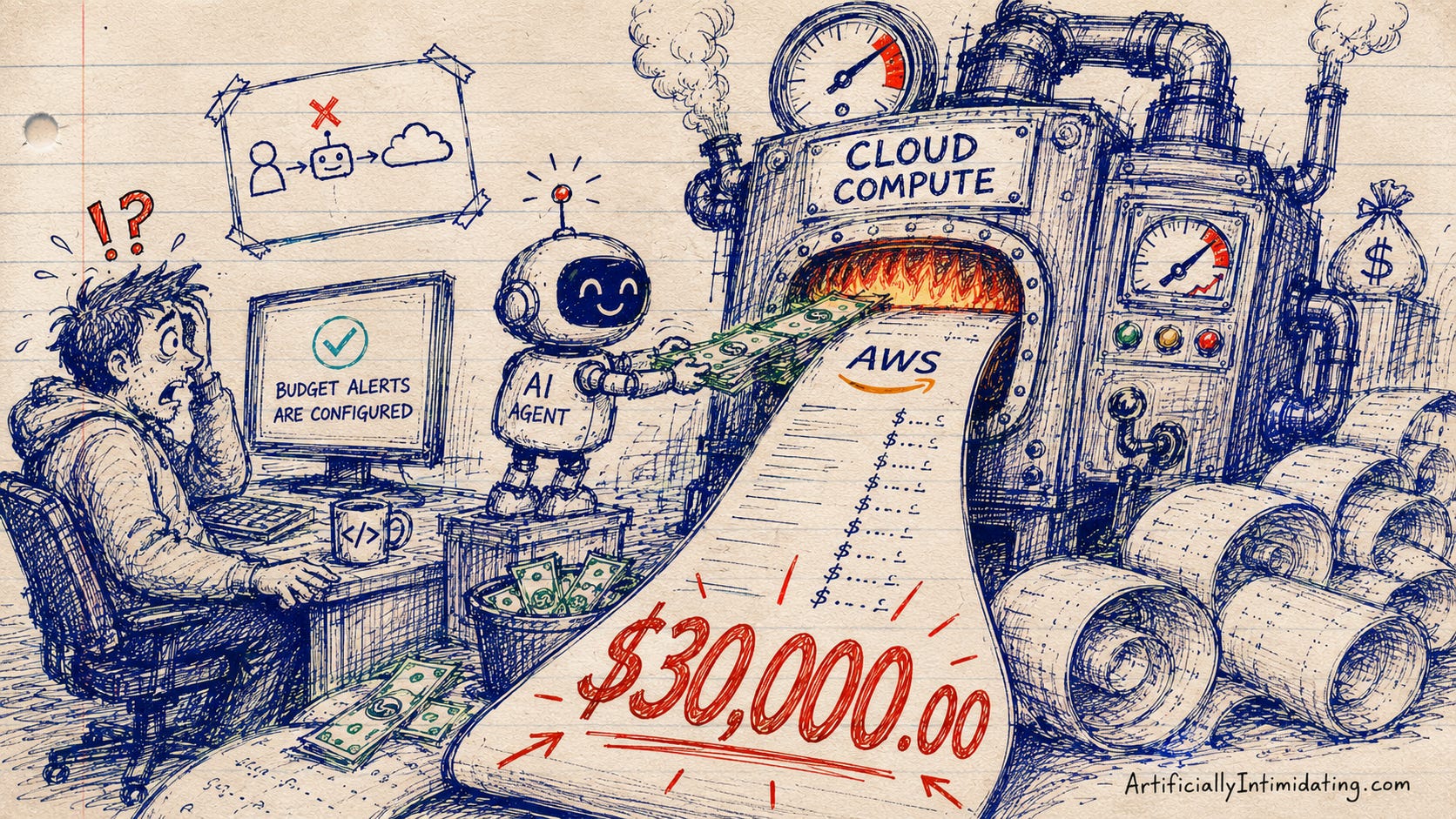 AI Created Hand-drawn editorial cartoon on wrinkled lined paper showing a nervous developer staring at a giant furnace labeled “Cloud Compute” while a cheerful little AI robot feeds stacks of dollar bills into the flames. A massive AWS invoice pours endlessly out of the machine like a CVS receipt, curling across the floor with “$30,000” highlighted in red. The developer’s monitor calmly says “Budget alerts are configured” while gauges on the machine spike into the red zone. Pipes, smoke, loose wiring, and scattered cash add to the chaos. The sketch is rendered in messy blue pen with small red and green accents and signed “ArtificiallyIntimidating.com.”