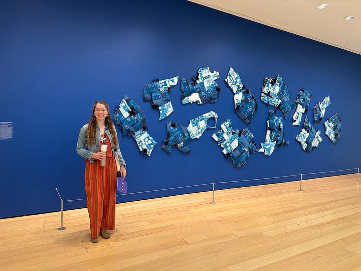 Left: Cyanotypes at the Museum of Fine Arts featuring work made by kids all over Boston! Right: A fabric cyanotype I got to make using one of my patterns