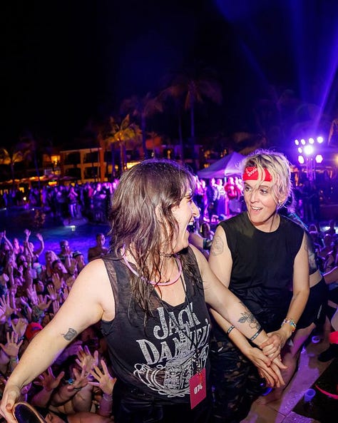 Megan Falley and Brandi Carlile spraying a pool of people with champagne, Megan Brandi and Catherine Carlile dancing in a pool fully-clothed with their hands in the air, Brandi holding Meg's hand as they are both about to fall backward into a trust fall