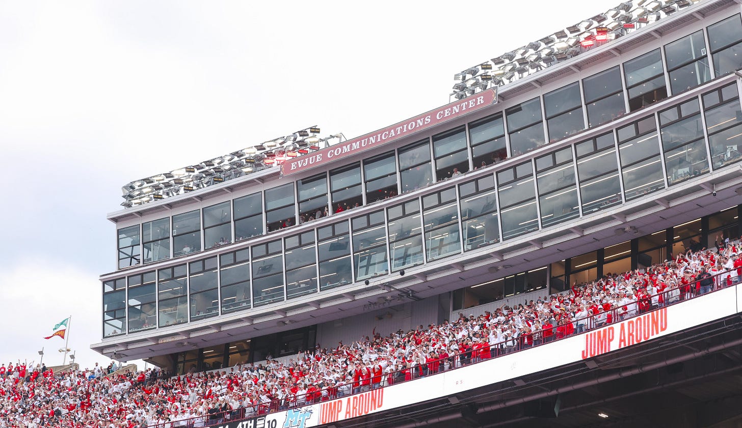 Wide view of the Camp Randall Stadium press box overlooking the field during a Wisconsin Badgers football game.