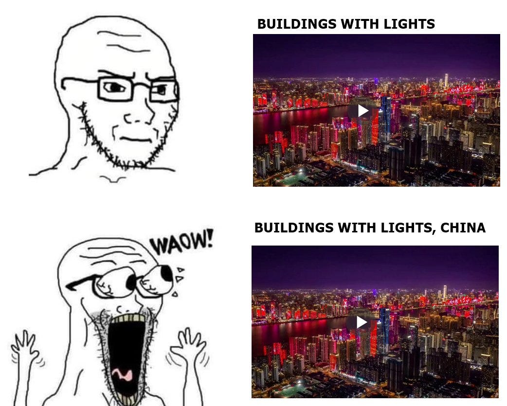 If you need a meme to tell yourself China's skylines don't count, maybe the  problem isn't the lights, it's your coping capacity.
