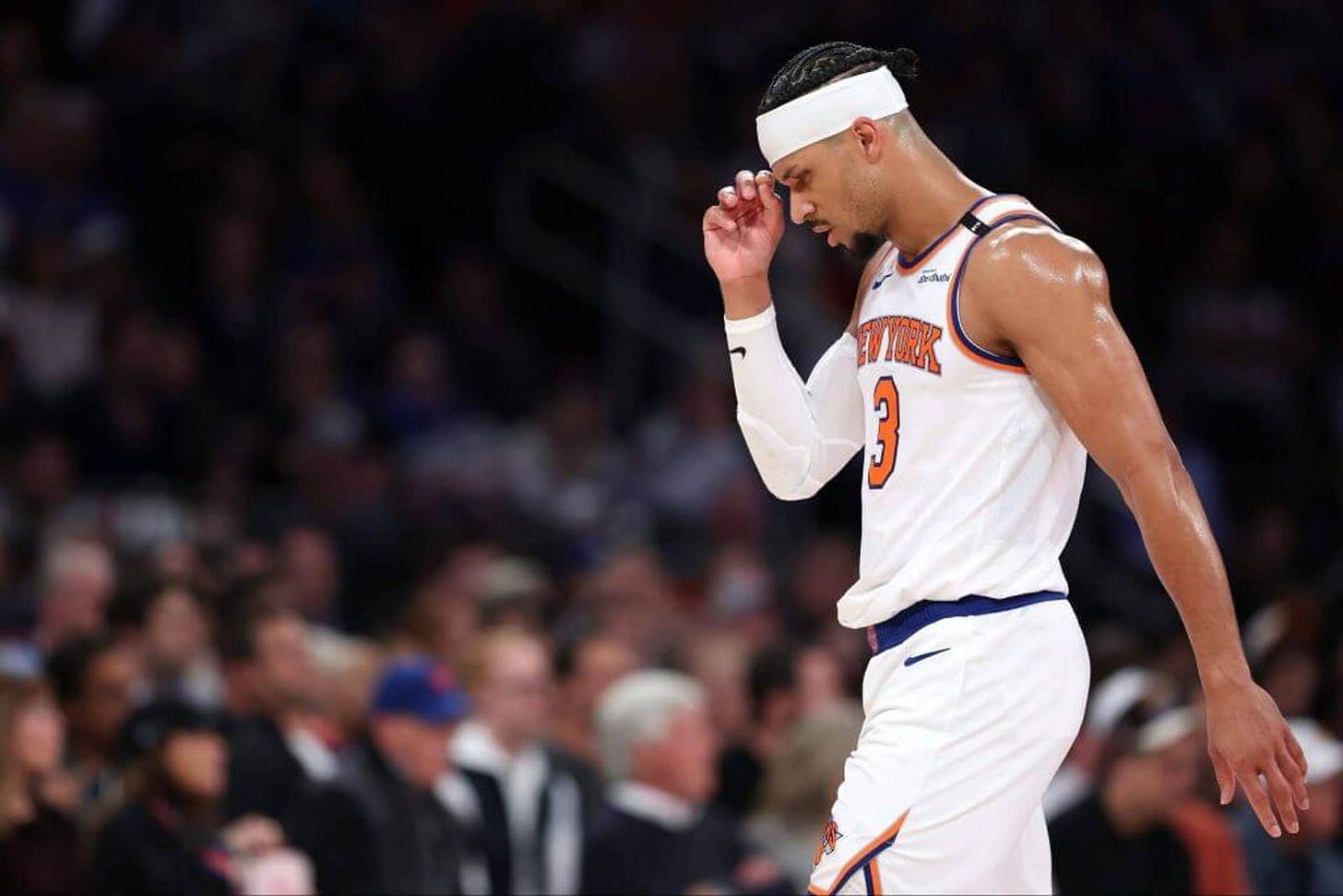 NEW YORK, NEW YORK - MAY 21:  Josh Hart #3 of the New York Knicks reacts during the second quarter against the Indiana Pacers in Game One of the Eastern Conference Finals of the 2025 NBA Playoffs at Madison Square Garden on May 21, 2025 in New York City. NOTE TO USER: User expressly acknowledges and agrees that, by downloading and or using this photograph, User is consenting to the terms and conditions of the Getty Images License Agreement. (Photo by Sarah Stier/Getty Images)