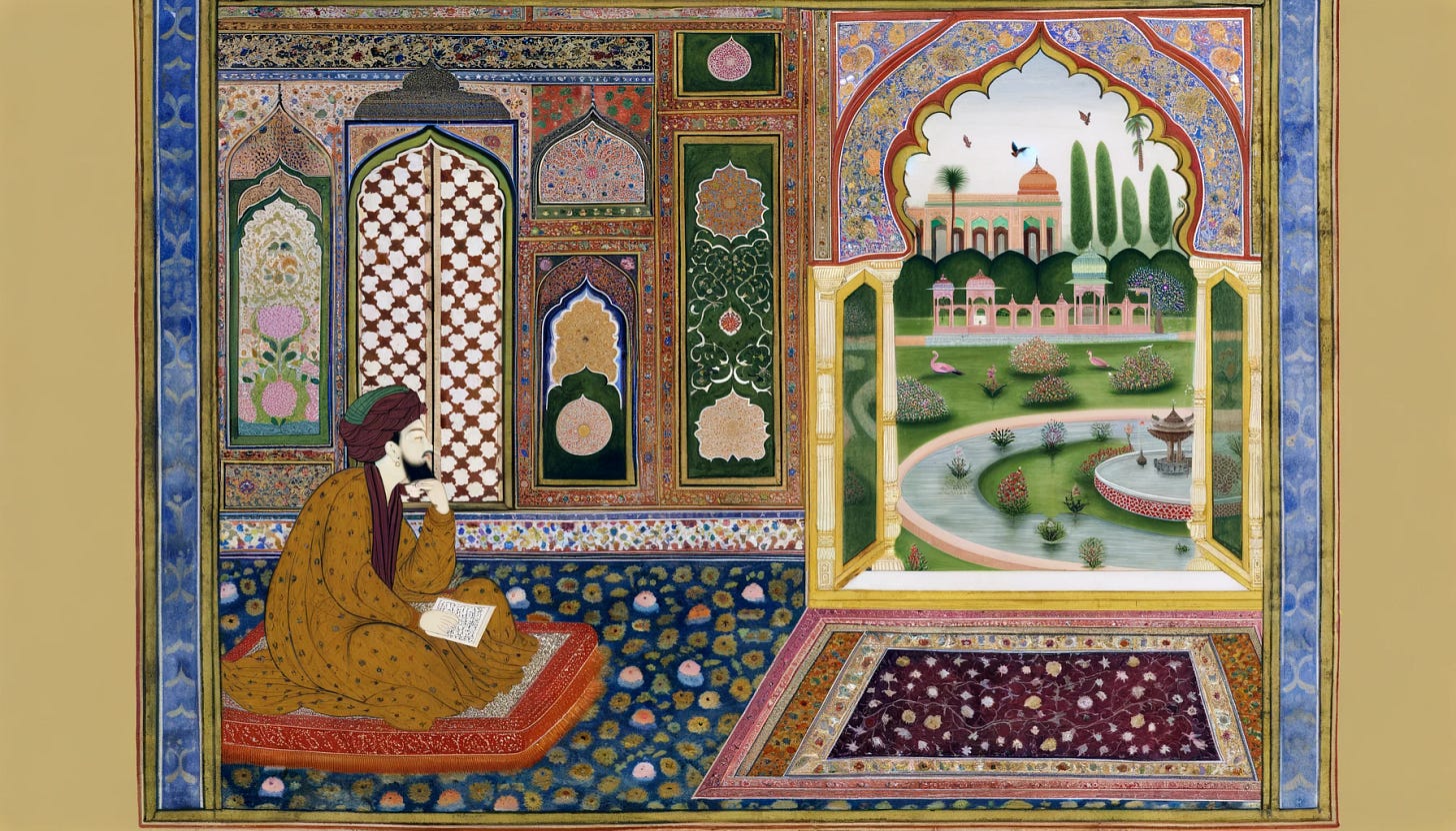 mughal miniature depicting a philosopher sitting in an ornate room looking out on a garden, deep in thought. Wide aspect ratio, vibrant colors.