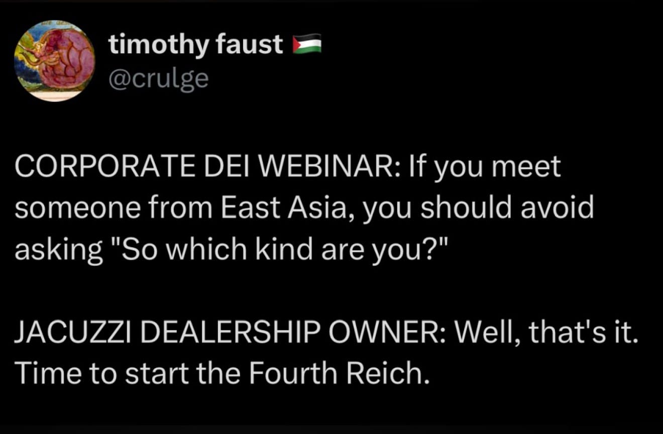 A joke tweet by Timothy Faust which says CORPORATE DEI WEBINAR: If you meet someone from East Asia, you should avoid asking "So which kind are you?" JACUZZI DEALERSHIP OWNER: Well, that's it. Time to start the Fourth Reich.