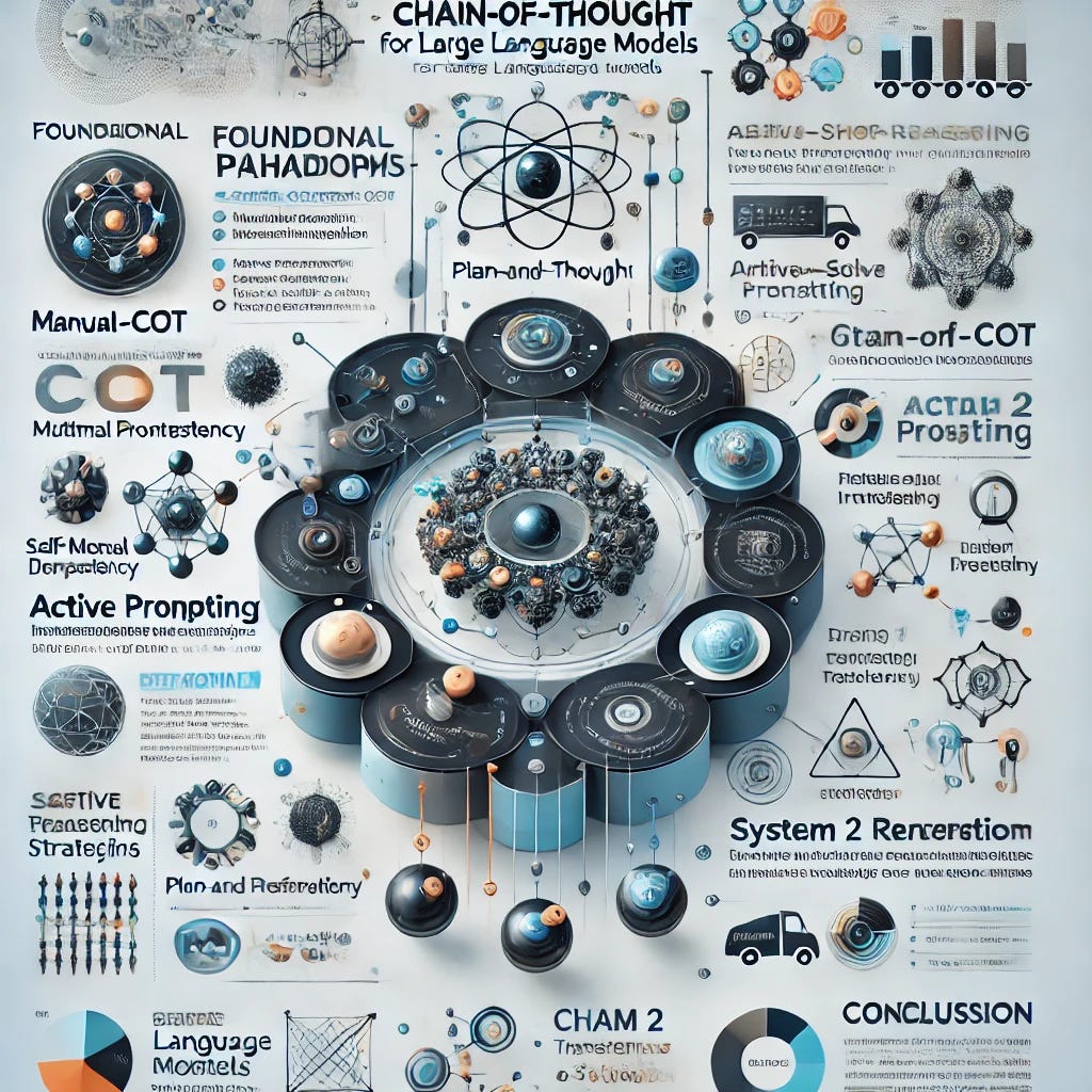 A professional and modern infographic summarizing the advancements in Chain-of-Thought (CoT) prompting for Large Language Models (LLMs). The infographic is divided into five sections: (1) Foundational Paradigms (Manual-CoT and Zero-Shot-CoT), (2) Advanced Techniques (Self-Consistency, Multimodal Integration, Active Prompting, Plan-and-Solve Prompting, and Graph-of-Thought), (3) System 2 Reasoning (Meta-CoT with search, verification, and iterative refinement), (4) Challenges and Future Directions (diverse reasoning strategies, improved transferability, and error recovery), and (5) Conclusion. Each section uses clear headings, modern icons, and sleek, high-contrast visuals to convey complex ideas in an engaging and accessible manner. Color scheme: professional tones of blue, white, and gray, with subtle accents of orange for highlights. The layout includes arrows and flowcharts to depict the evolution and interconnectedness of these methods.