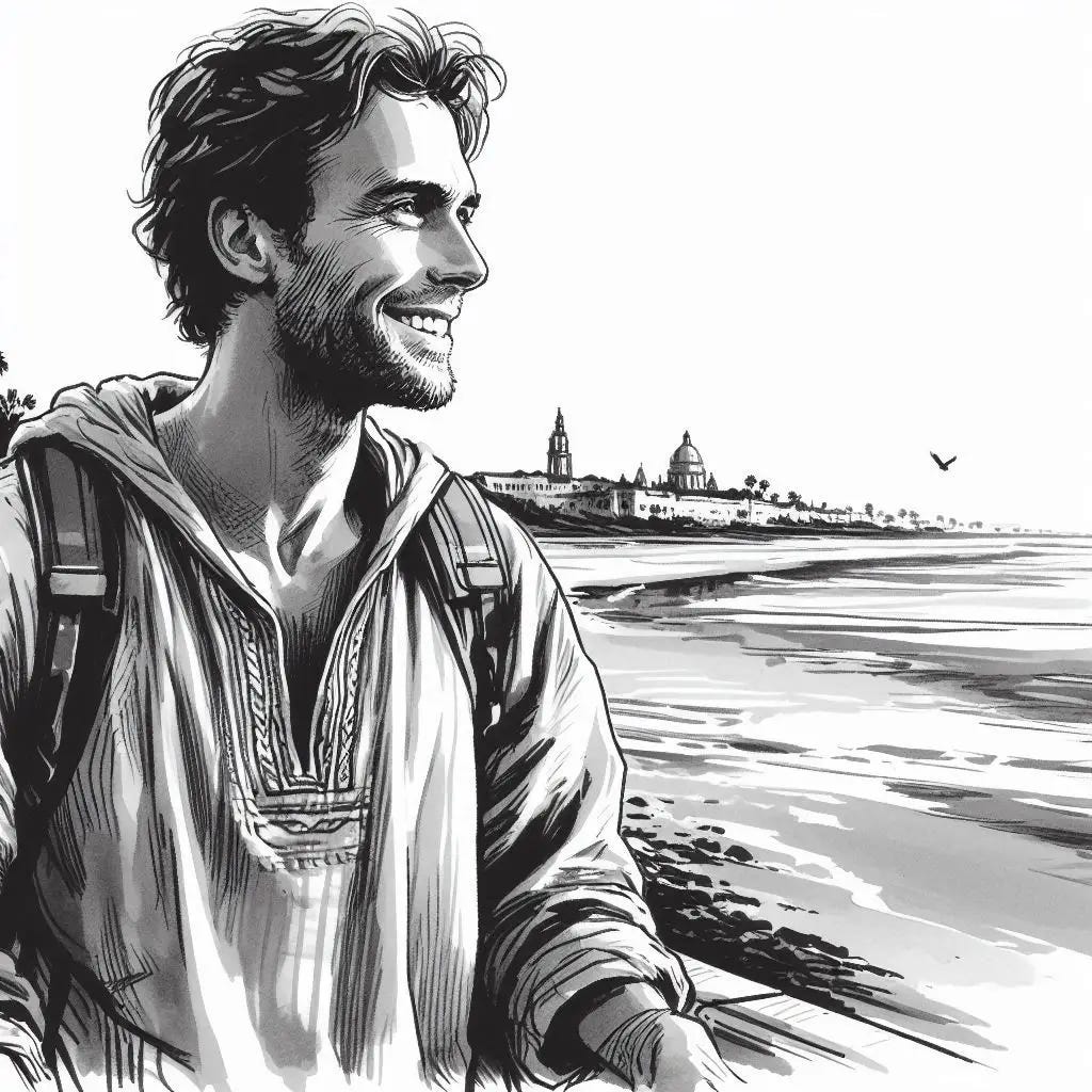 Smiling Man dressed in loose fitting clothing looking over a beach in black and white ink and gouache style