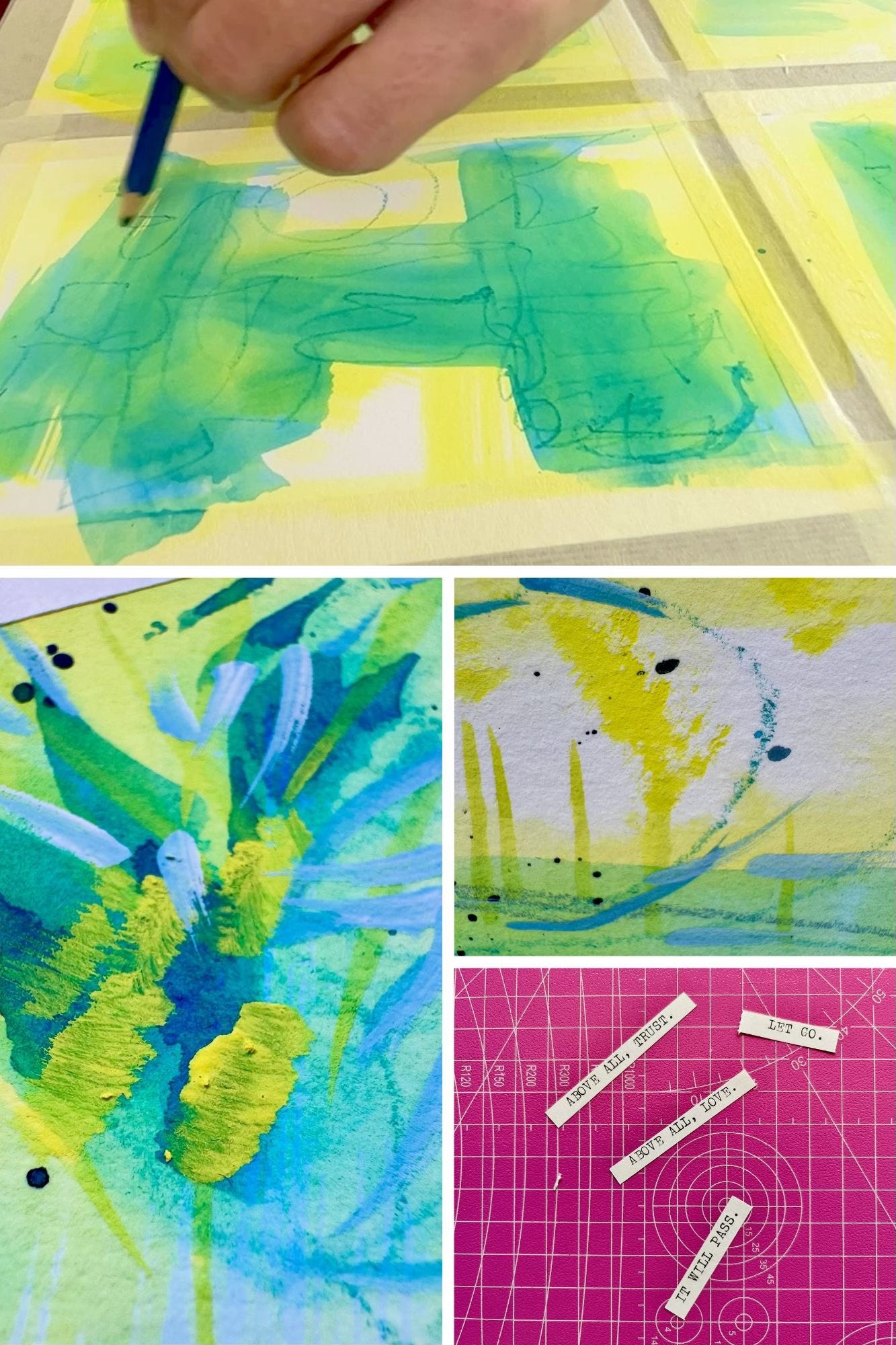 image: collage. artist drawing lines with coloured pencil on a mixed media abstract painting, close up of abstract paintings, typewriter typed words on a pink cutting board