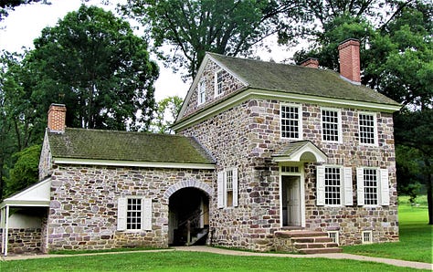 Pictures from Valley Forge Historic National Park in Valley Forge, Pa., including George Washington's headquarters, soldiers log huts, the Memorial Arch, the parade field, and a cannon next to an old tree.