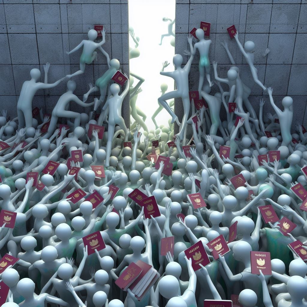 Thousands of humanoid passports struggle to go past a narrow opening