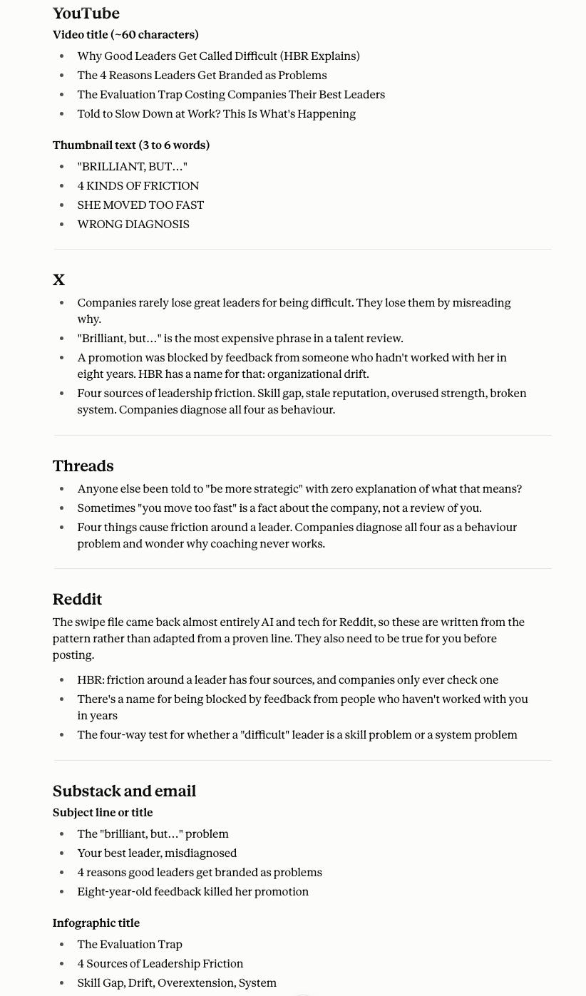 Hook Writer results for YouTube, X, Threads, Reddit, Substack, and email, including video titles, thumbnail text, social posts, subject lines, and infographic titles. Hook Writer results for YouTube, X, Threads, Reddit, Substack, and email, including video titles, thumbnail text, social posts, subject lines, and infographic titles.