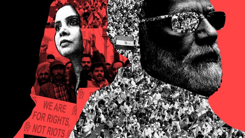 A collage featuring Indian journalist Rana Ayyub, Indian Prime Minister Narendra Modi, and Indian protesters.