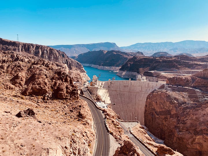 park, rocks, canyon, sky, river, dam
