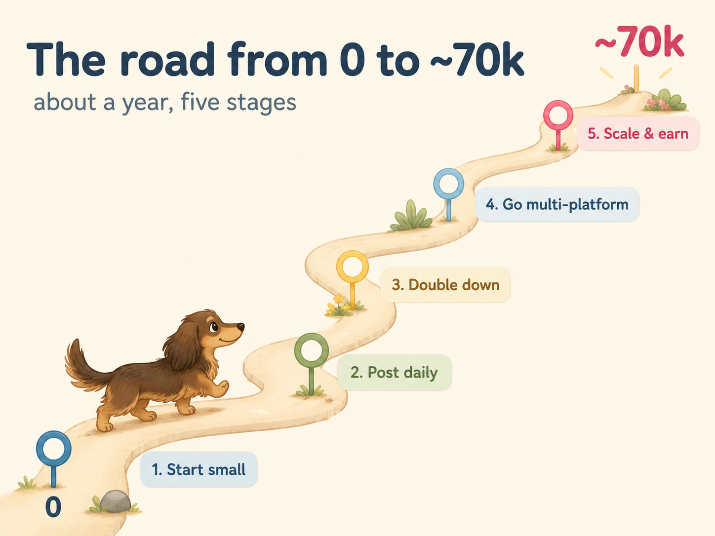 Illustrative timeline of growing a pet account from 0 to about 70k over roughly a year, in five stages: start small, post daily, double down, go multi-platform, scale and earn. Illustrative timeline of growing a pet account from 0 to about 70k over roughly a year, in five stages: start small, post daily, double down, go multi-platform, scale and earn.