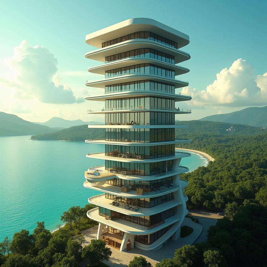 Modern, sleek 10-story commercial tower in Kingston, Jamaica, with bold, protuding windows and platforms, set against a vibrant Caribbean backdrop of turquoise waters and lush green hills. The building's facade is rendered in exquisite detail, with a mix of reflective glass and metallic accents that catch the warm, golden light of the tropical sun.