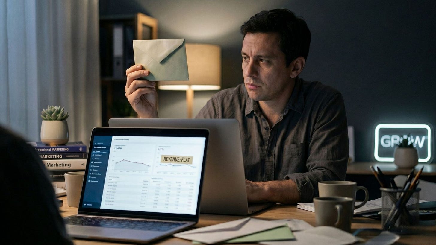 Focused marketers working late at a cluttered desk, reviewing an underperforming revenue chart on a laptop screen that displays the words "REVENUE: FLAT". 