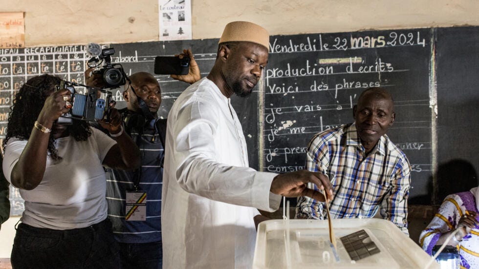 Senegalese opposition leader Ousmane Sonko (C) cast his ballot at a polling station in Ziguinchor on March 24, 2024. Senegalese opposition leader Ousmane Sonko (C) cast his ballot at a polling station in Ziguinchor on March 24, 2024.