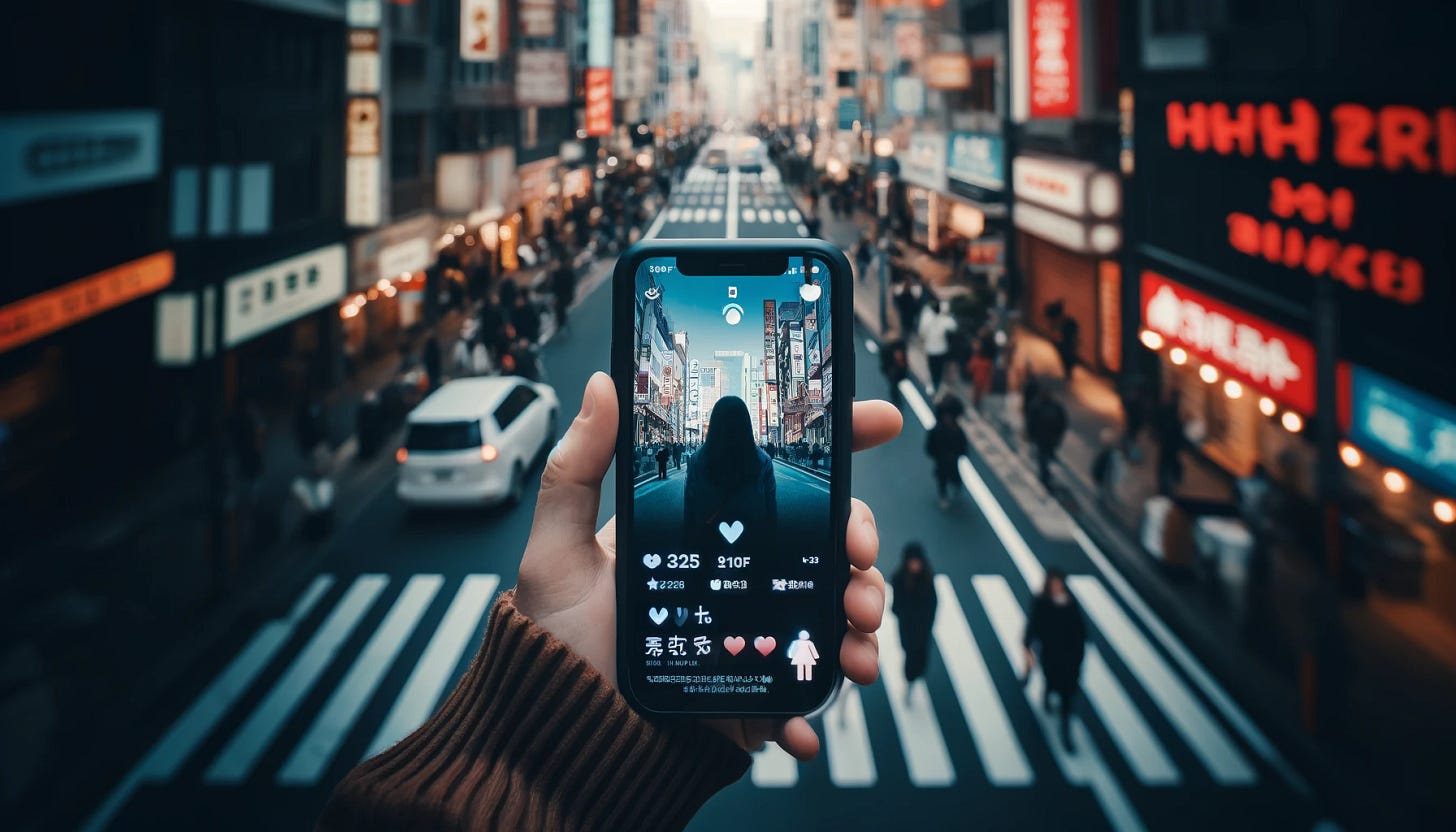 Back to the street view with the hand holding the phone. The phone has a long haired person in silhoutte on it. It looks like the phone is being used as a camera.