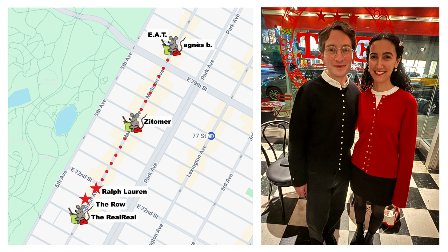 At left, a graphic of Emilia's shopping route; at right, a photo of her and a friend in matching snap cardigans