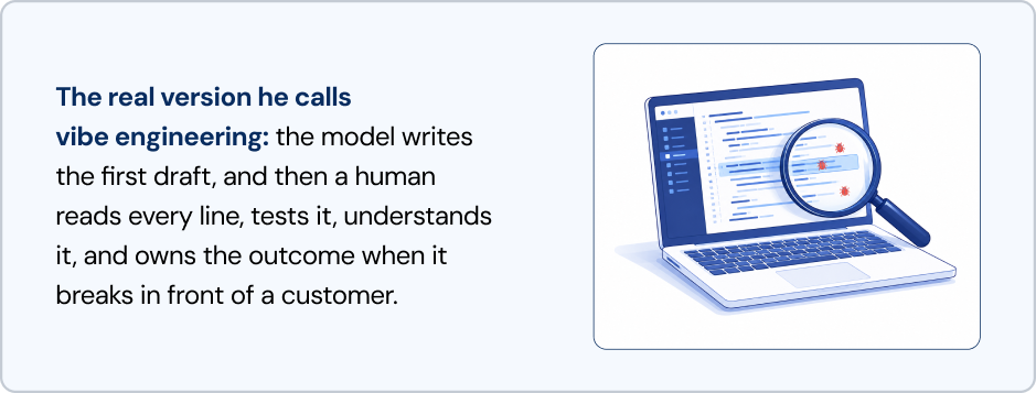 Human reviewing and testing AI-generated code on a laptop.