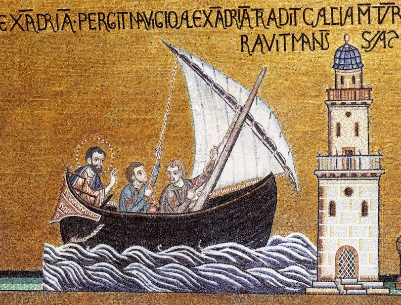 Saint Mark is shown on his way to Alexandria, symbolized by the Islamic Pharos, in this mosaic from 1270 CE. Basilica di San Marco, Venezia. Image in public domain Saint Mark is shown on his way to Alexandria, symbolized by the Islamic Pharos, in this mosaic from 1270 CE. Basilica di San Marco, Venezia. Image in public domain