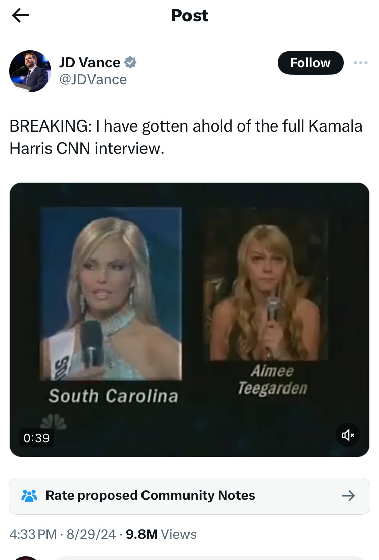 Vance tweet: Breaking I have gotten ahold of the Kamala Harris CNN interview" and then a picture of Miss Teen South Carolina Vance tweet: Breaking I have gotten ahold of the Kamala Harris CNN interview" and then a picture of Miss Teen South Carolina
