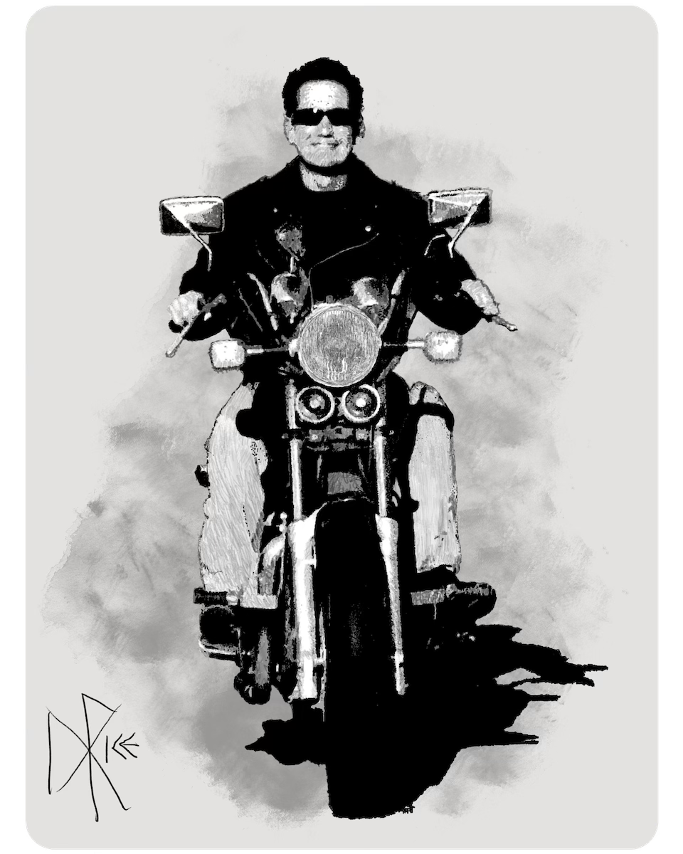 A smiling helmetless man wearing a leather jacket while riding a motorcycle. Sketch art by Don Rice. A smiling helmetless man wearing a leather jacket while riding a motorcycle. Sketch art by Don Rice.