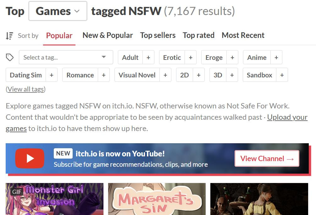 Screenshot of itch.io marketplace showing there are 7,167 games tagged NSFW. Thumbnail images of three of them run across the bottom of the image. One is called Monster Girl Invasion. Another is called Margaret's Sin Screenshot of itch.io marketplace showing there are 7,167 games tagged NSFW. Thumbnail images of three of them run across the bottom of the image. One is called Monster Girl Invasion. Another is called Margaret's Sin