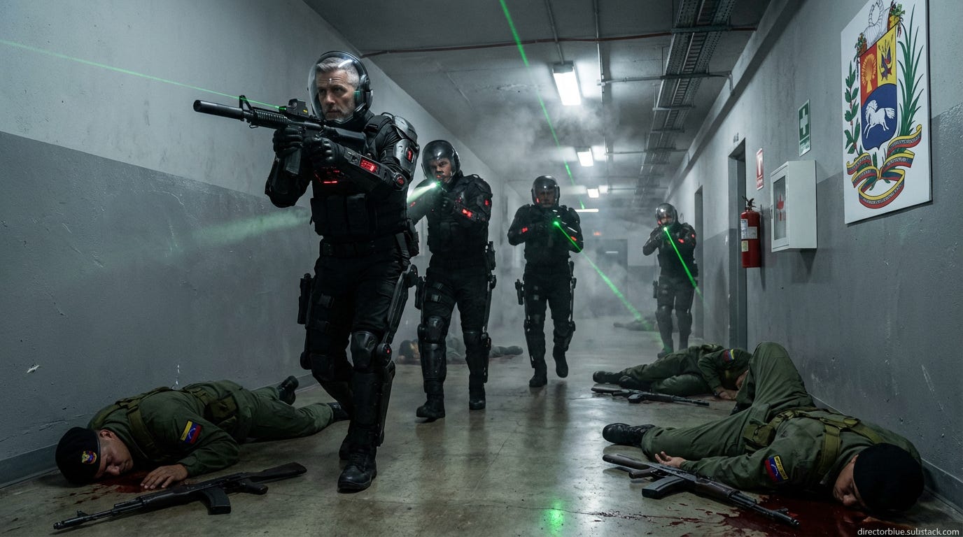 Cinematic 16x9 photographic composition interior of fortified safe house ground floor corridor within Fuerte Tiuna military complex night mid-raid Colonel Marcus Webb 44 years old 61 lean muscular build visible through clear lower portion of_image_1