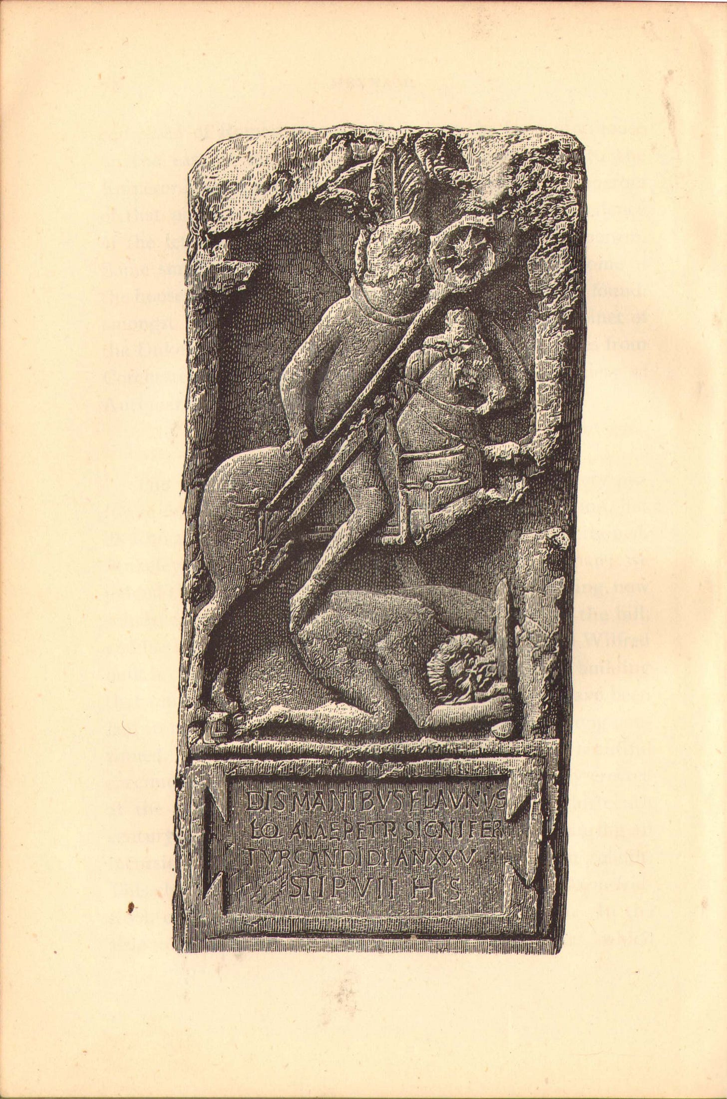 An illustration of the Roman memorial to Flavinus, published in 1885. An illustration of the Roman memorial to Flavinus, published in 1885.