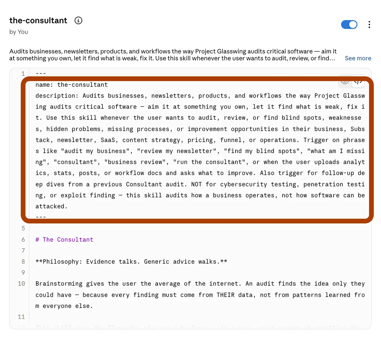 Name and description metadata lines at the top of a SKILL.md file Name and description metadata lines at the top of a SKILL.md file