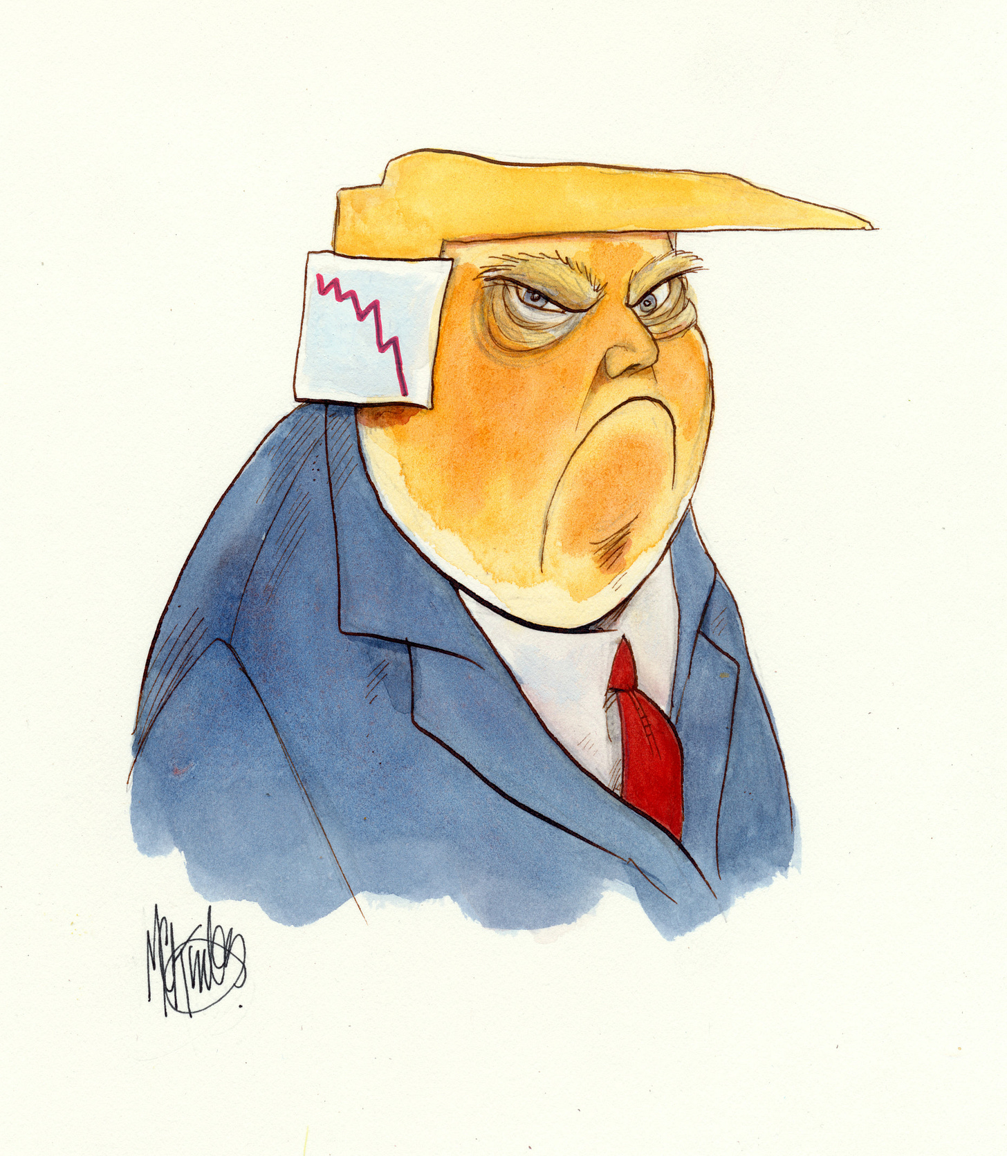 Cartoon showing a portrait of Trump looking angrily out at the audience with a bandage over his ear that shows an economic graph going sharply down.