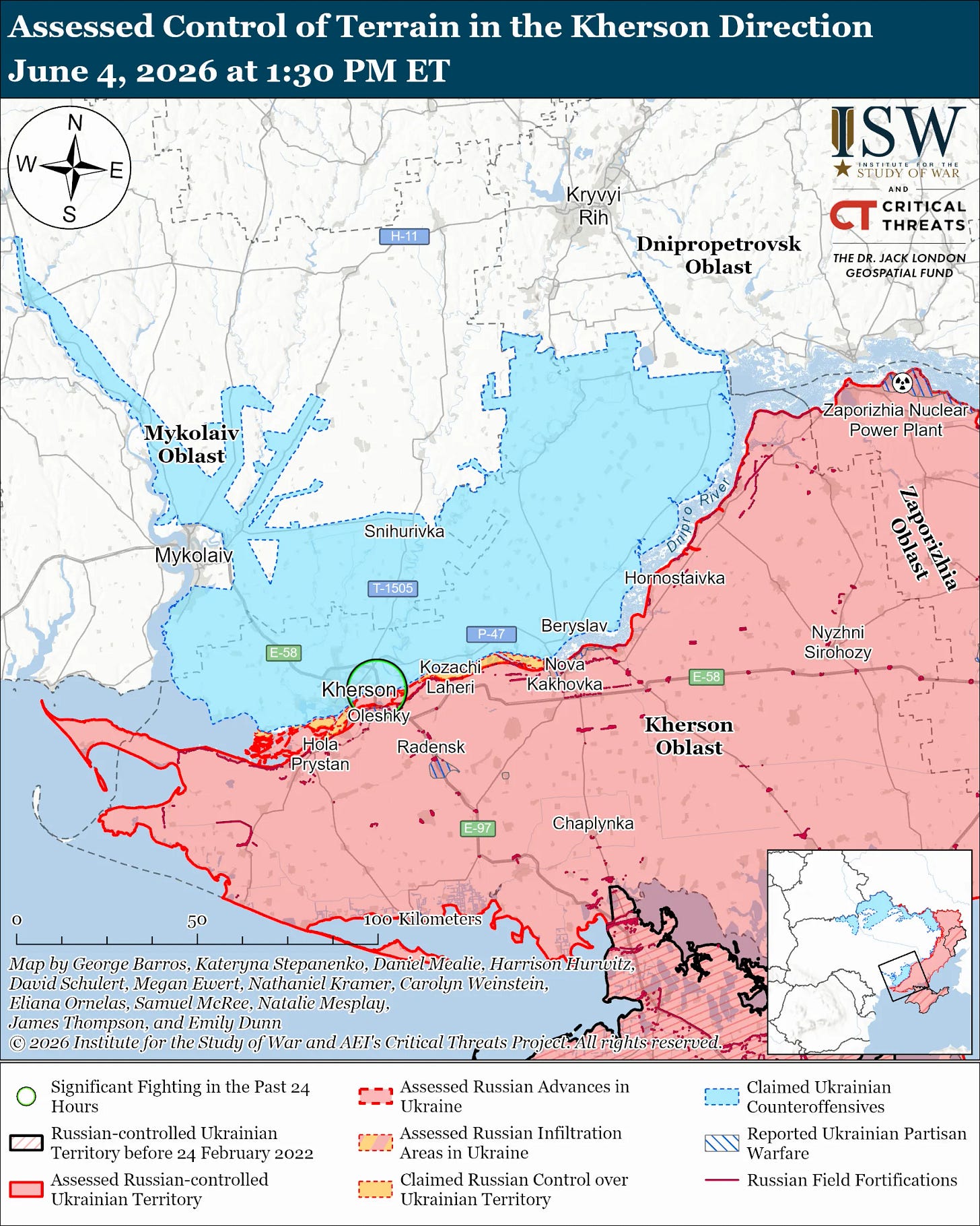Assessed Control of Terrain in the Kherson Direction, June 4, 2026 at 1:30 PM ET