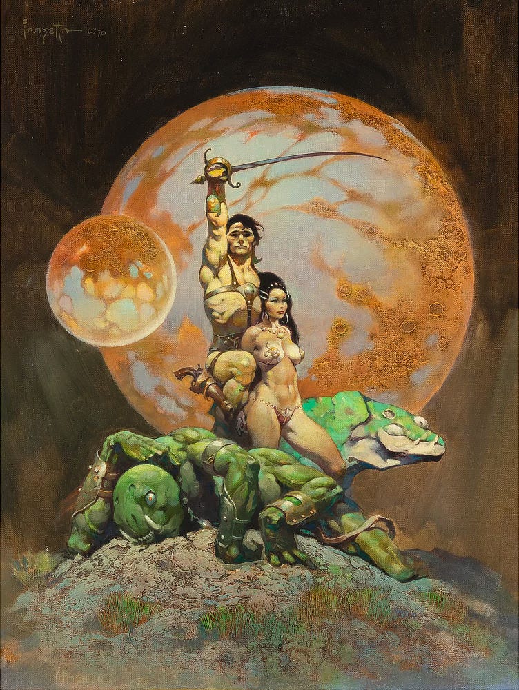 John Carter stands with sword raised over the body of a tusked green Martian. Just in front of him stands a curvaceous Dejah Thoris scantily clad in bikini bottom and pasties. Woola the lizard glance of panel right. Behind them is a huge planet marbled with smooth white plains and craggy rust patches—a representation of Mars—intersected by a similar moon. The ground below is a mound of dirt and patchy scrub.